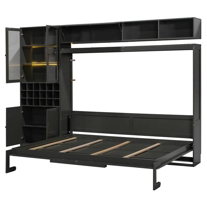 Full/Queen Size Murphy Bed Wall Bed with Sofa, Light and USB Charging, Foldable Murphy Cabinet Bed w/ Storage Shelves & Cabinets