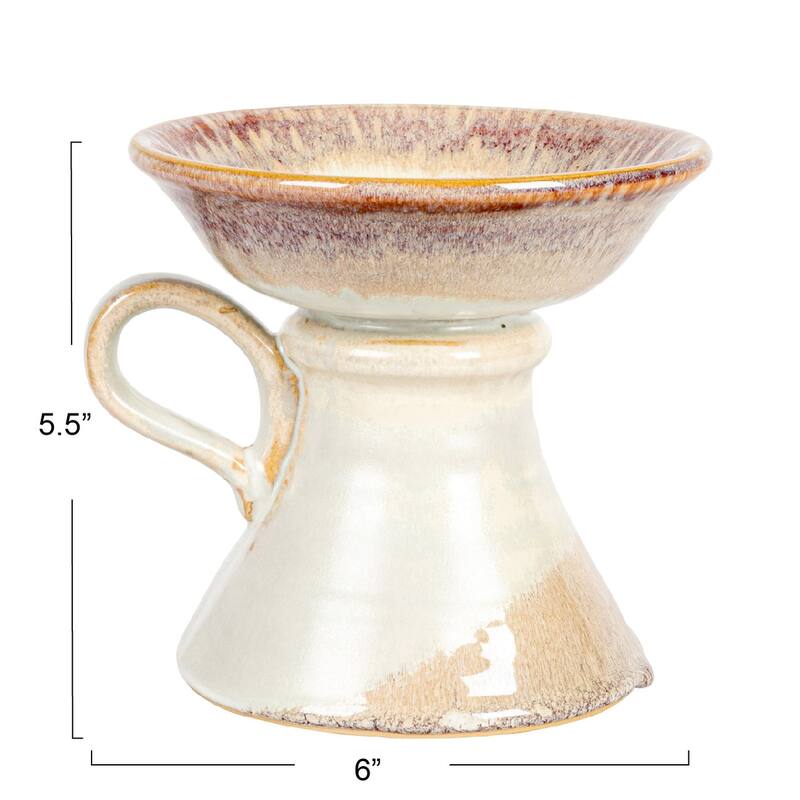Stoneware Pillar Candle Holder with Handle and Reactive Glaze