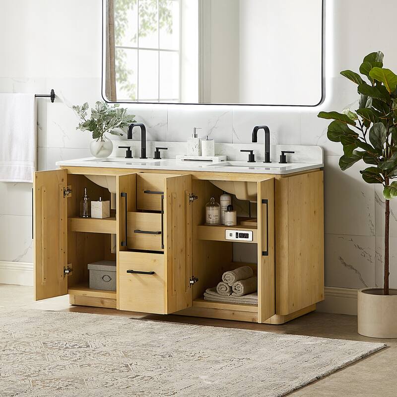 Serene Bathroom Vanity in Nature Brown with Grain White Engineered Stone Countertop without Mirror