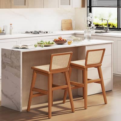 Rattan Bar Stools Set of 2, Mid-Century Modern 24 Inch Counter Height Stools, Rattan Barstools with Wooden Legs,Counter Stool