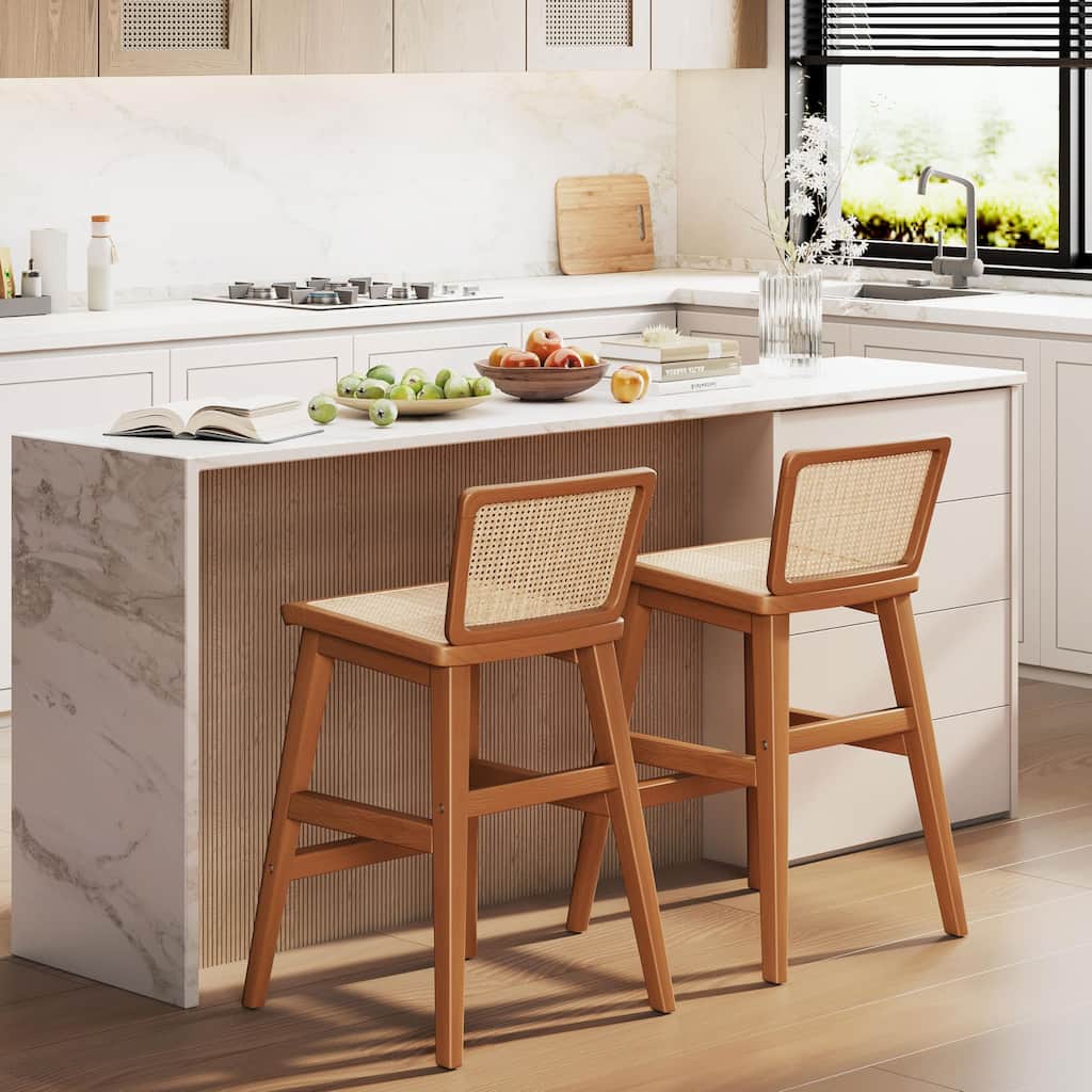 Rattan Bar Stools Set of 2, Mid-Century Modern 24 Inch Counter Height Stools, Rattan Barstools with Wooden Legs,Counter Stool