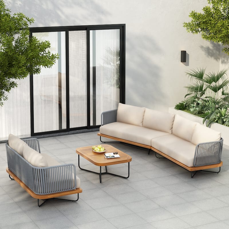 Christopher Knight Home - Evelyn Patio Outdoor Acacia Wood Rope Sofa Set - 4pcsSofaSet(includeTable) - Grey+Beige