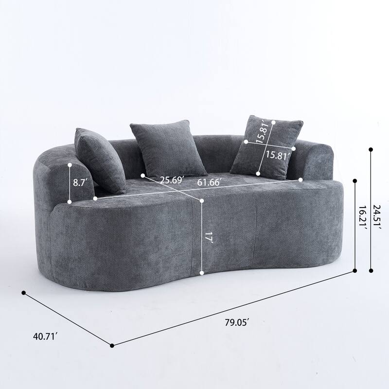 Chenille Crescent-Shaped Loveseat Sofa, High-Resilience Foam Filled 3-Seater Sofa, Upholstered Floor Sofa with Pillows