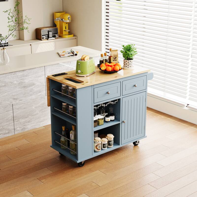 Kitchen Storage Island with Drop Leaf and Rubber Wood