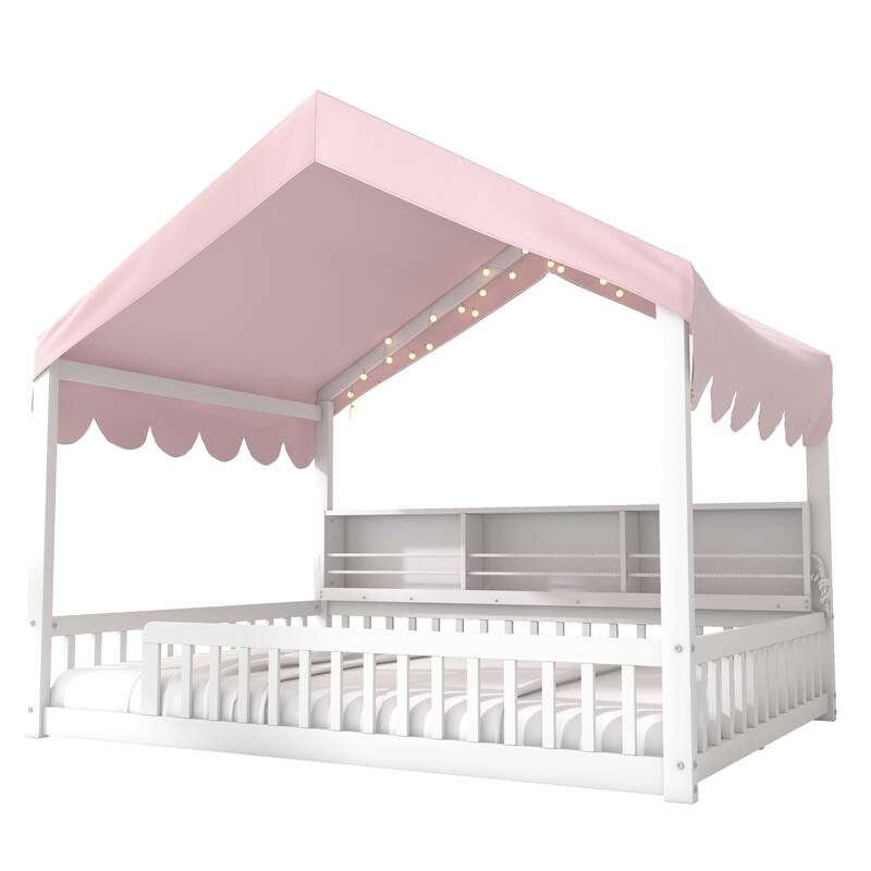 GDFStudio - Solid Wood Full Size House Floor Bed with Storage Shelves and LED