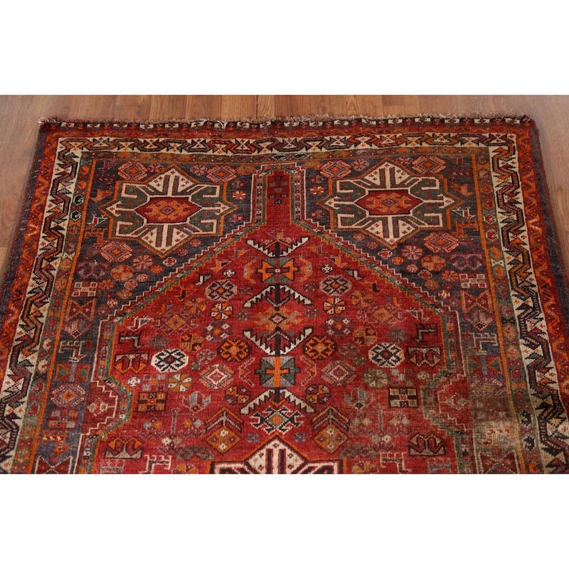 Geometric Shiraz Persian Vintage Area Rug Handmade Wool Carpet - 3'8"x 5'8"