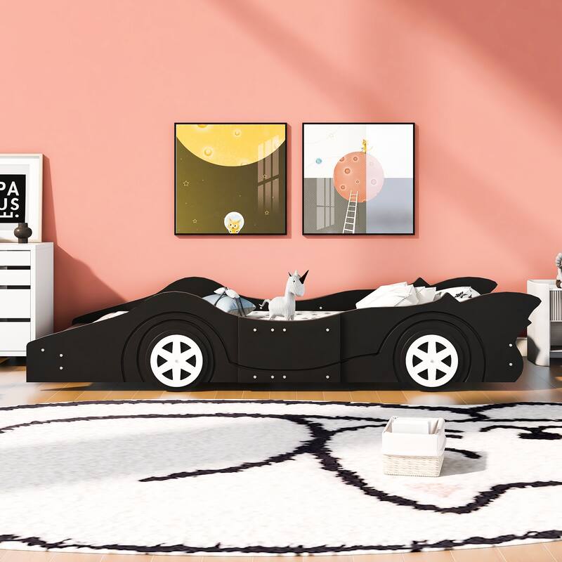 Full Race Car Bed with Wheels, Safety Rails, and Durable Wood Frame