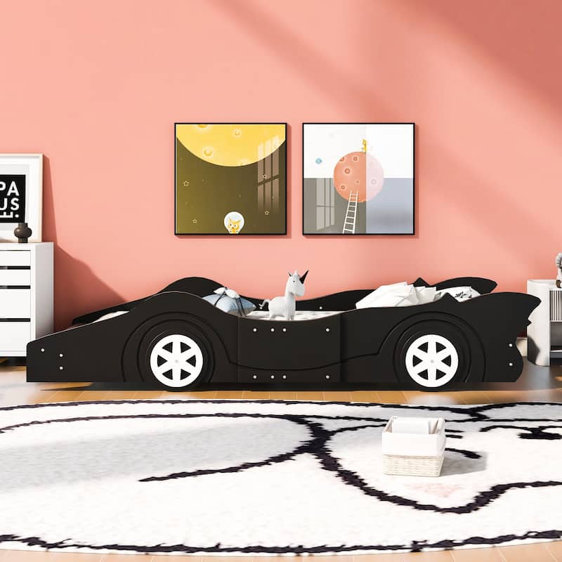 Race Car Bed with Four Wheels, Wood Platform Bed with Support Slats and ...