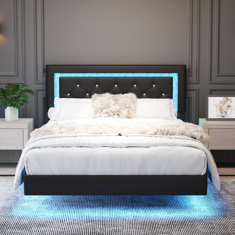 Full Size Bed Frame with Headboard, Floating Bed Frame with LED Lights, Upholstered Platform Bed with Diamond Tufted Headboard - Black