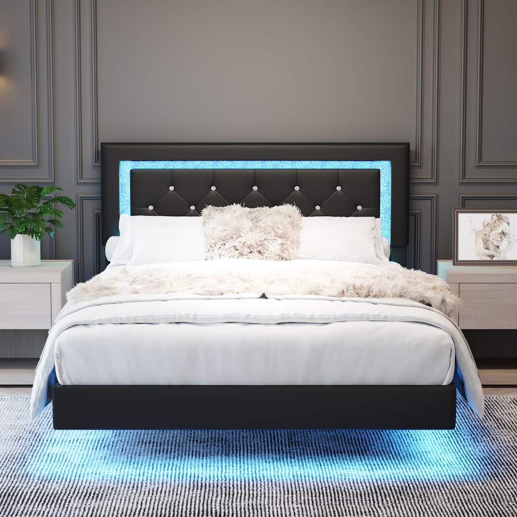 FurnitureR Full Size Floating Bed Frame with LED Lights, Black Upholstered Platform Bed