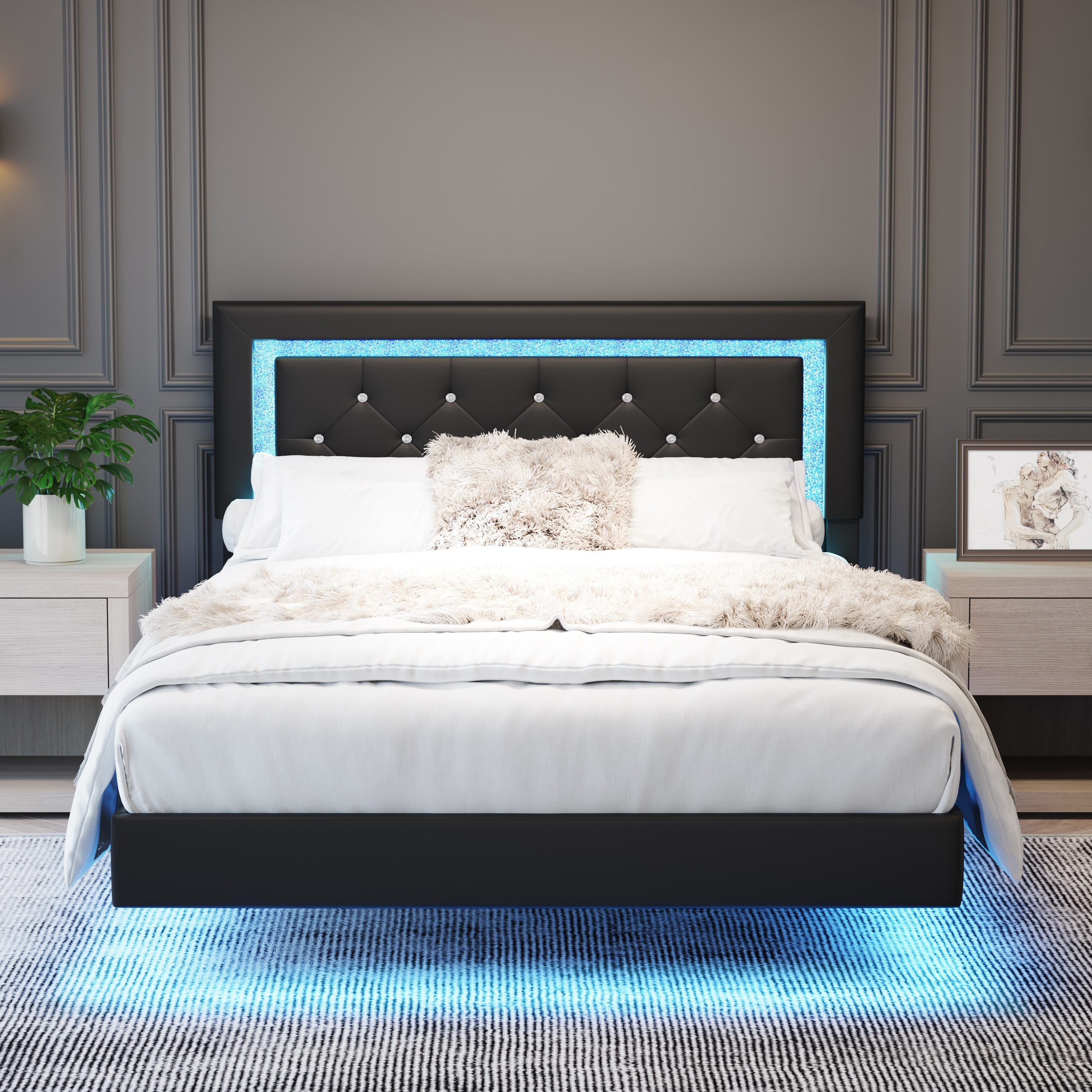 Upholstered Platform Bed PU Leather Floating Bed Frame with LED Lights&Diamond Tufted Headboard/No Box Spring Needed/Noise Free