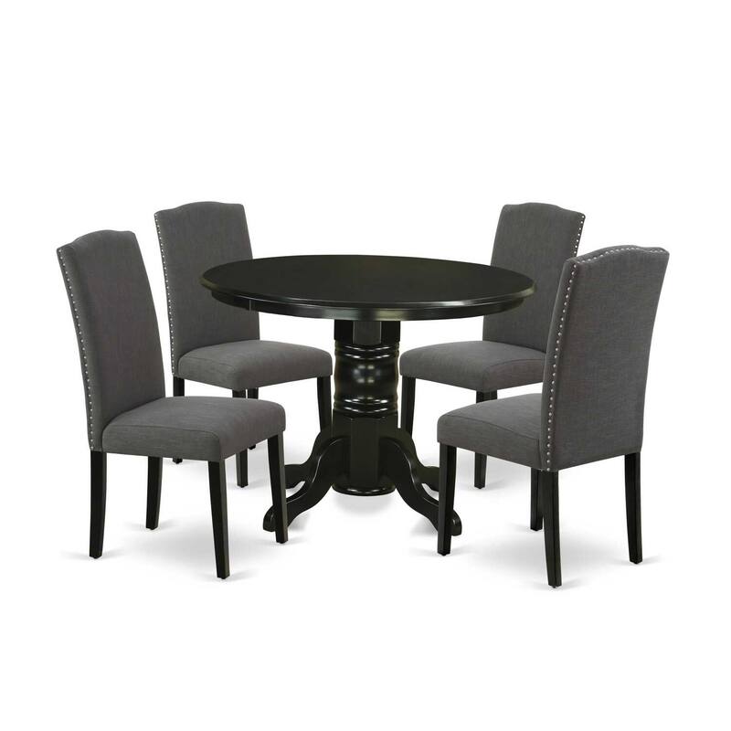 HomeStock 5-Piece Round Black Finish Solid Wood Top Dining Table with 4 Parson Chair with Lattice Back