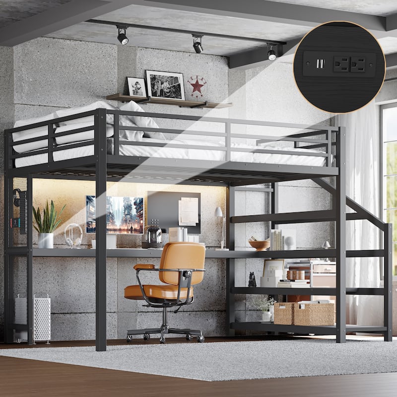 Queen Loft Bed with Desk and Storage Stairs, Metal Loft Beds with LED Lights, USB Ports, Multifunctional Iron Nets,Black - Black