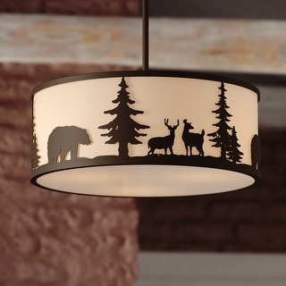 Acadia 3L Bronze Rustic Pendant Light White Linen Bear Deer Tree - 18-in W x 16.75-in H x 18-in D