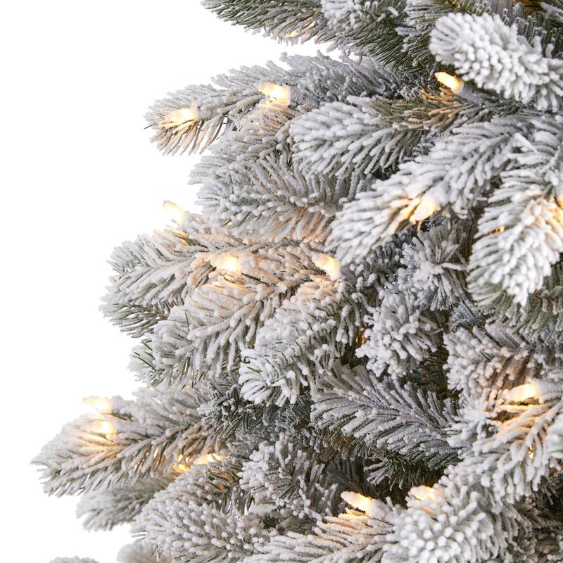 6ft Flocked Christmas Tree - Slim Pencil Artificial Tree with 450 Lights & Metal Stand - Green - 72