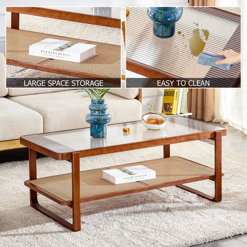 Roomfitters Walnut Solid Wood Coffee Table with Rattan Shelf, Glass Top Rectangle Tea Table for Living Room or Bedroom