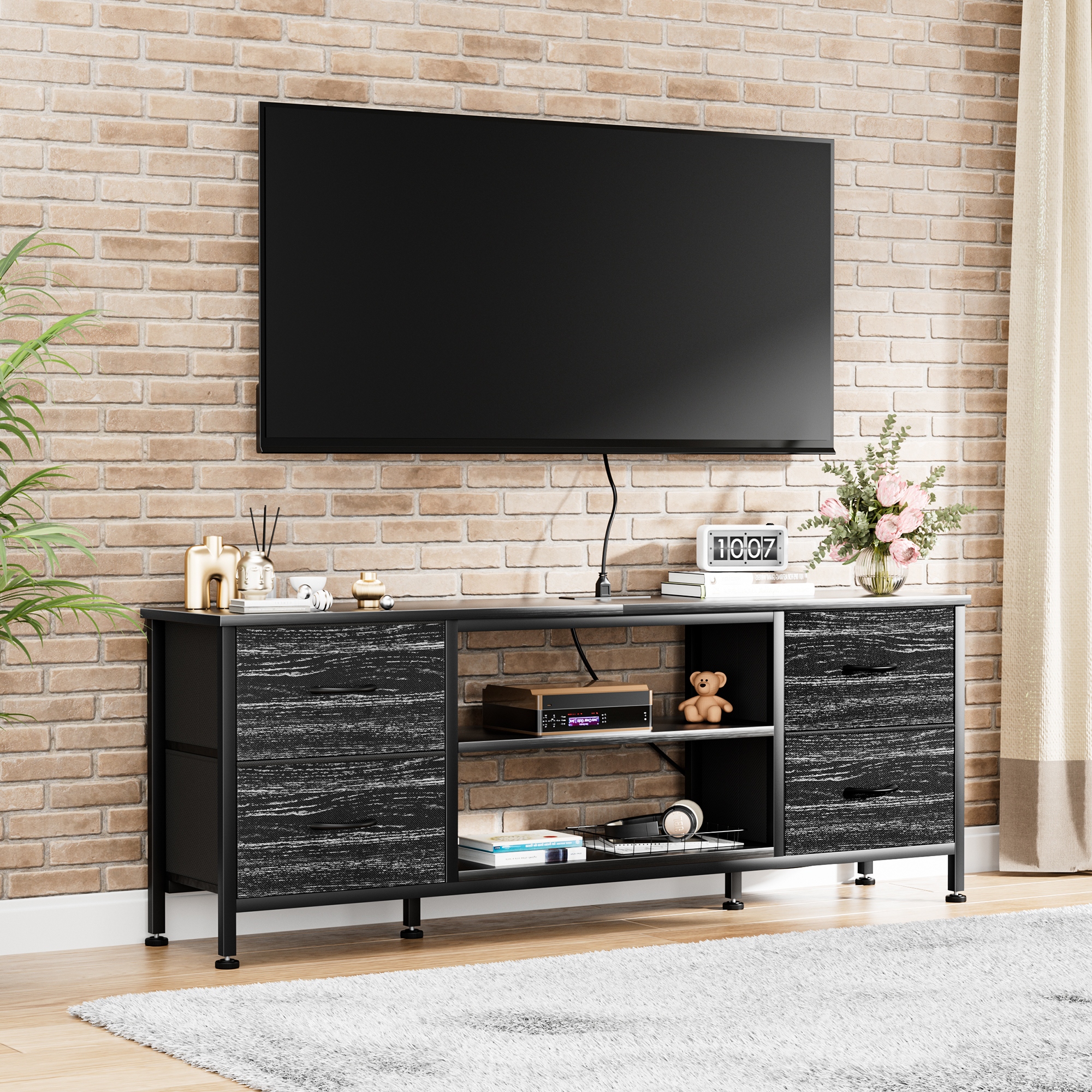 Dresser TV Stand with Power Outlet 4 Fabric Drawers for 60 TV Bedroom Rustic Brown 4 drawer