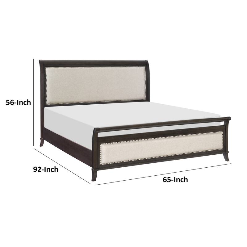 Bron Queen Bed with Sleigh Headboard Design, Beige Upholstery, Solid Wood