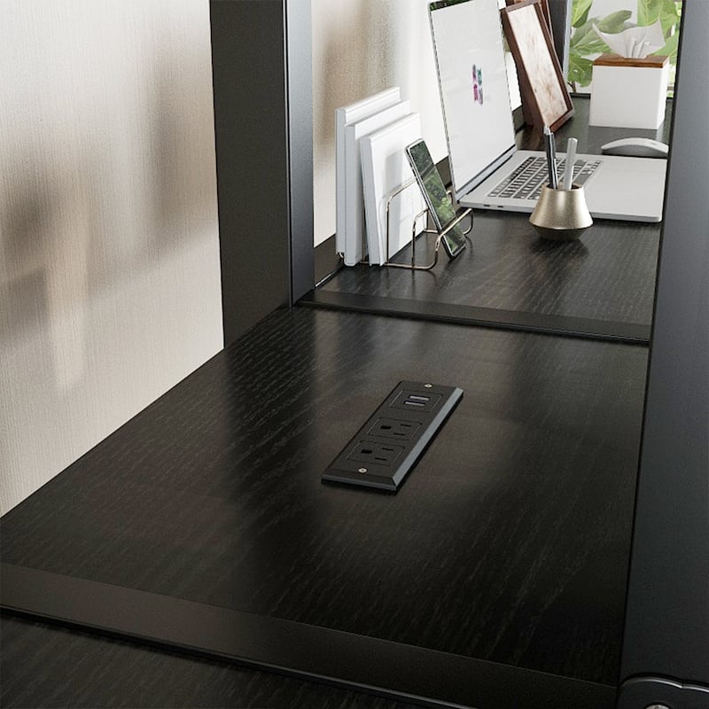 Twin Over Twin Metal Loft Bed with Double Desk, Wardrobe, Shelves and Power Outlets, Space-Saving Design