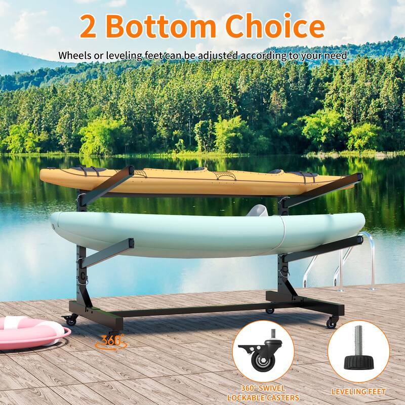 Freestanding Kayak Storage Rack - Holds 2 Kayaks, Heavy-Duty Adjustable Stand with Lockable Wheels for Kayak