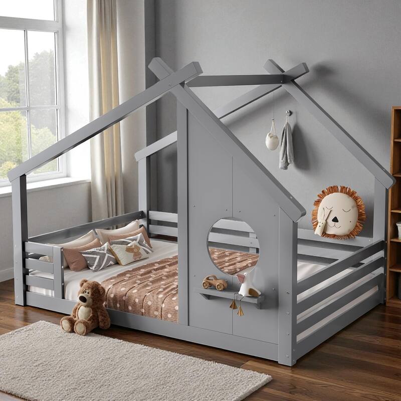 Twin/Full Size Solid Wood House Floor Bed with Window and Shelf, Montessori Low Bed Frame for Kids, No Box Spring Needed