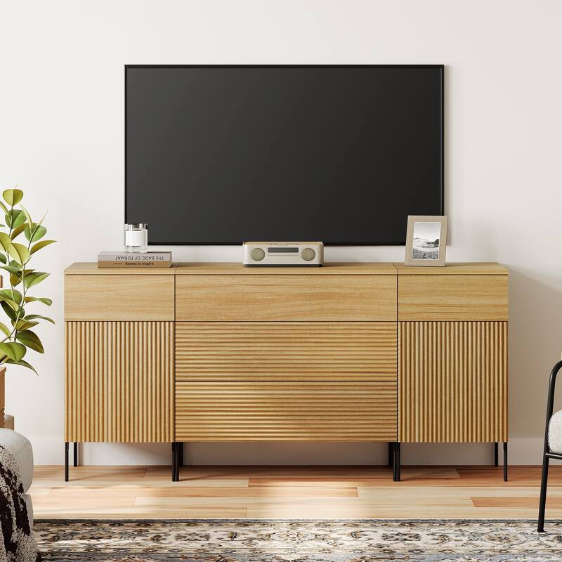 63" Modern Reeded Dresser TV Stand With Drawers, Entertainment Center With Charging Station - Oak