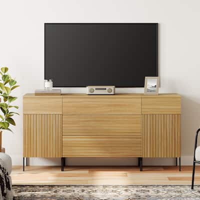 63" Modern Reeded Dresser TV Stand With Drawers, Entertainment Center With Charging Station