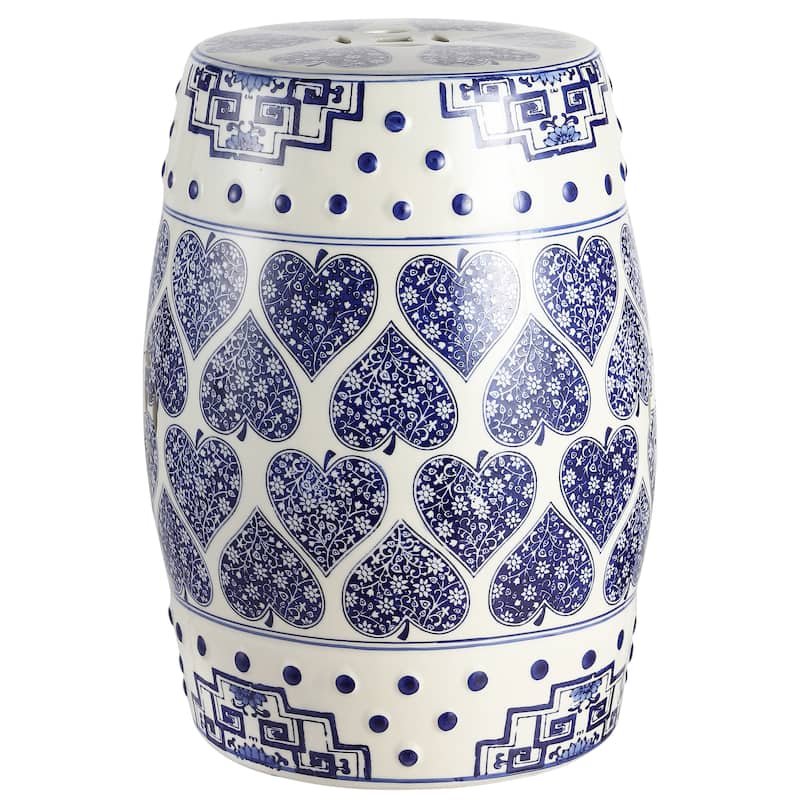 Happy Hearts 17.8" Chinoiserie Ceramic Drum Garden Stool, Blue - Ceramic - Blue