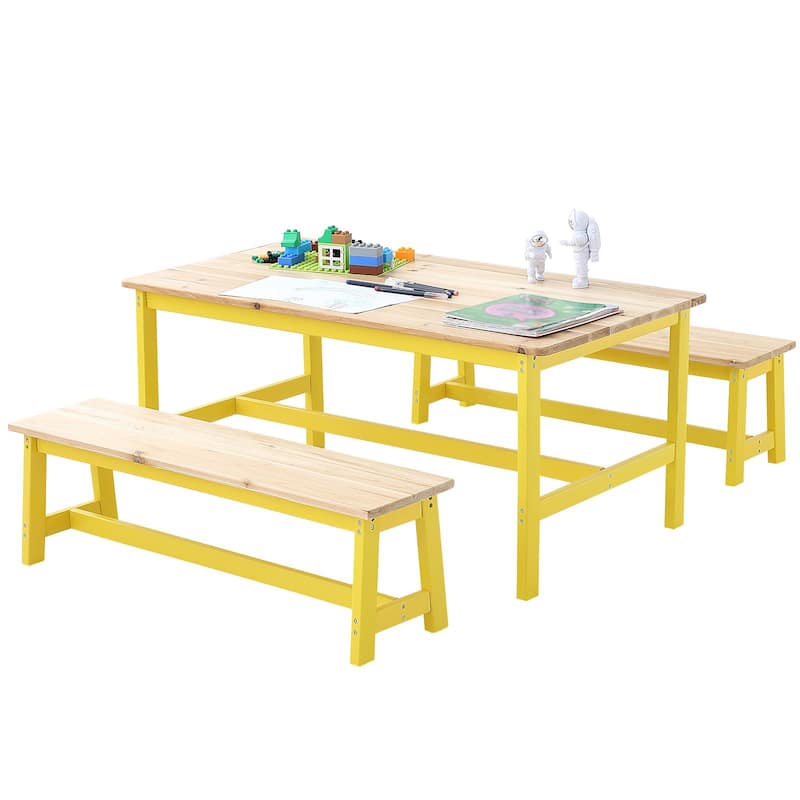 3 Pieces Rectangular Kids Wooden Activity Table and Bench Set Suitable Playroom Daycare or Tutoring Center