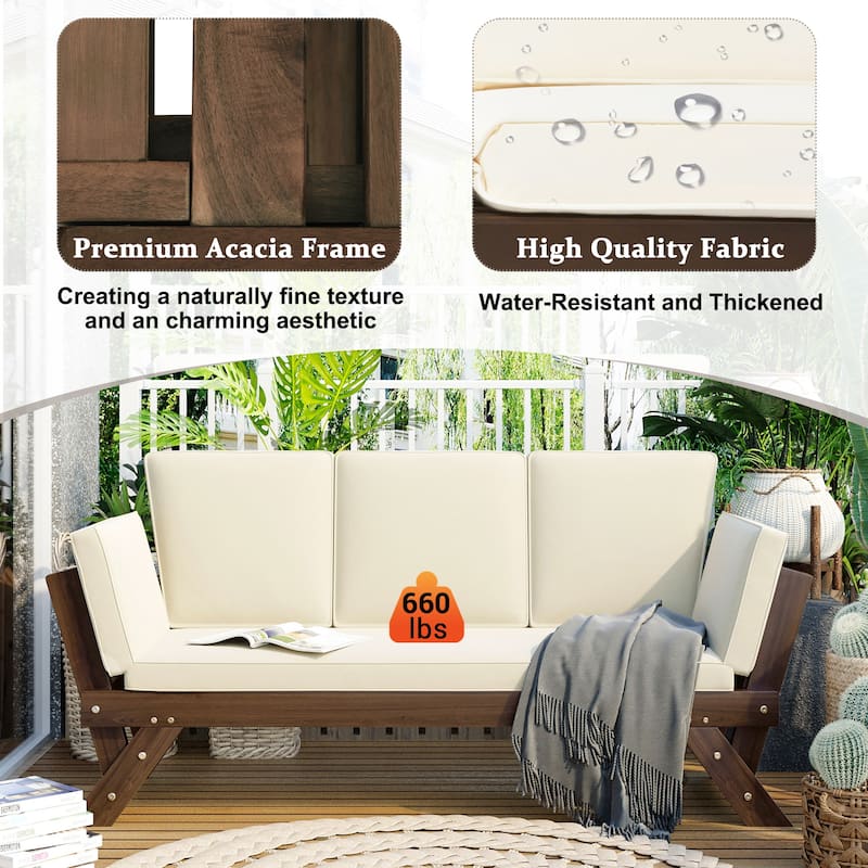 Outdoor Solid Wood Daybed Sofa with Adjustable Armrests