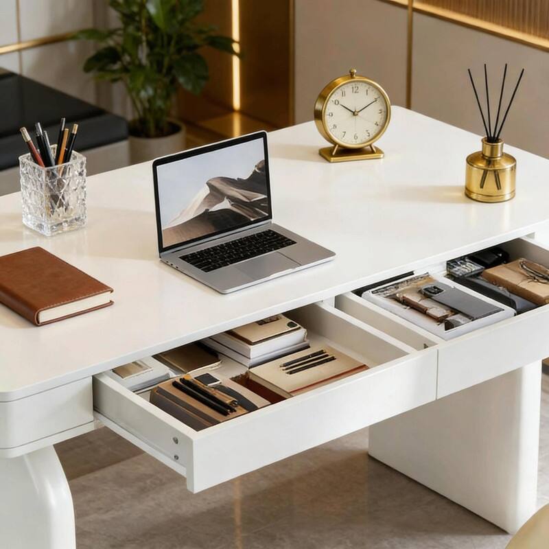 63" Modern White Office Desk with 2 Drawers and Sturdy U-Shaped Legs
