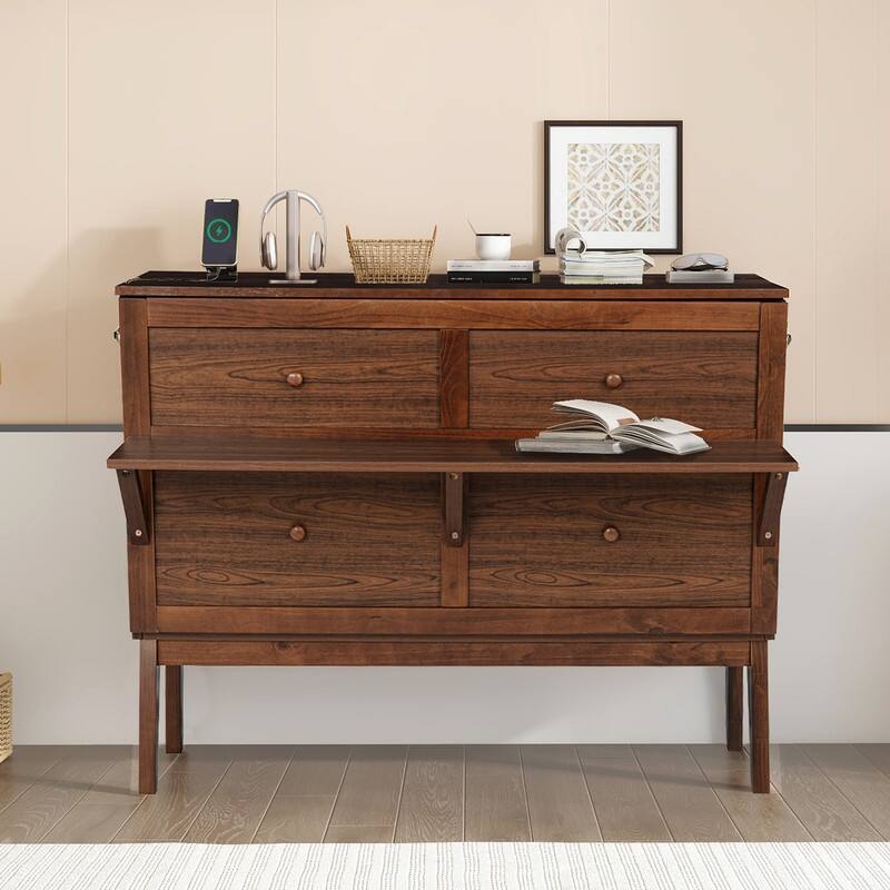 Murphy Cabinet Bed with USB Port and Removable Shelves on Each Side, Space-Saving Cube Cabinet Bed with Desk - Walnut - Full