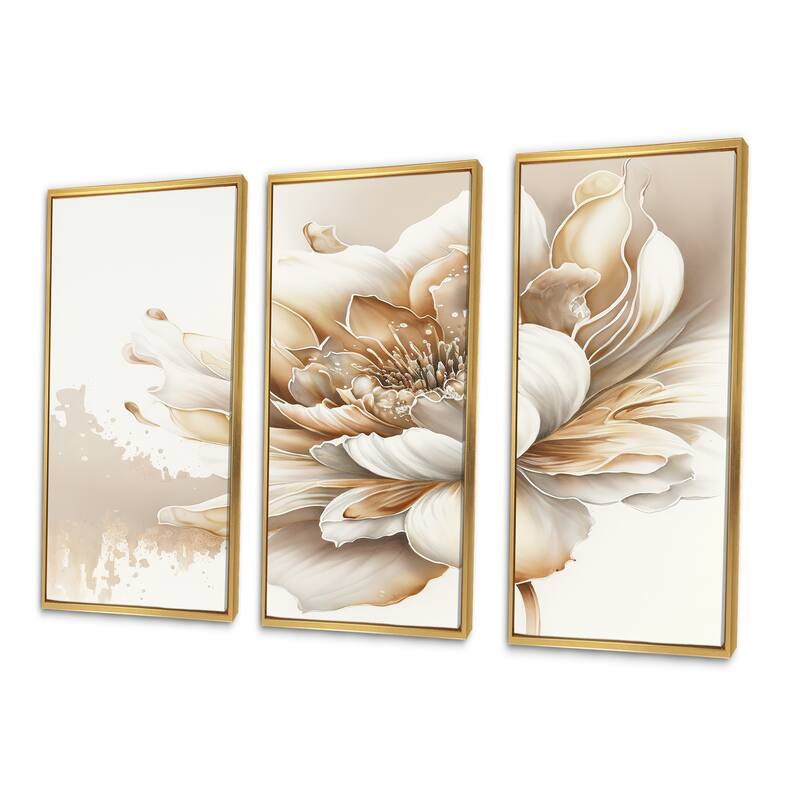 Designart "Blooming Beige Floral Design I" Floral Framed Canvas Art Print - 3 Panels