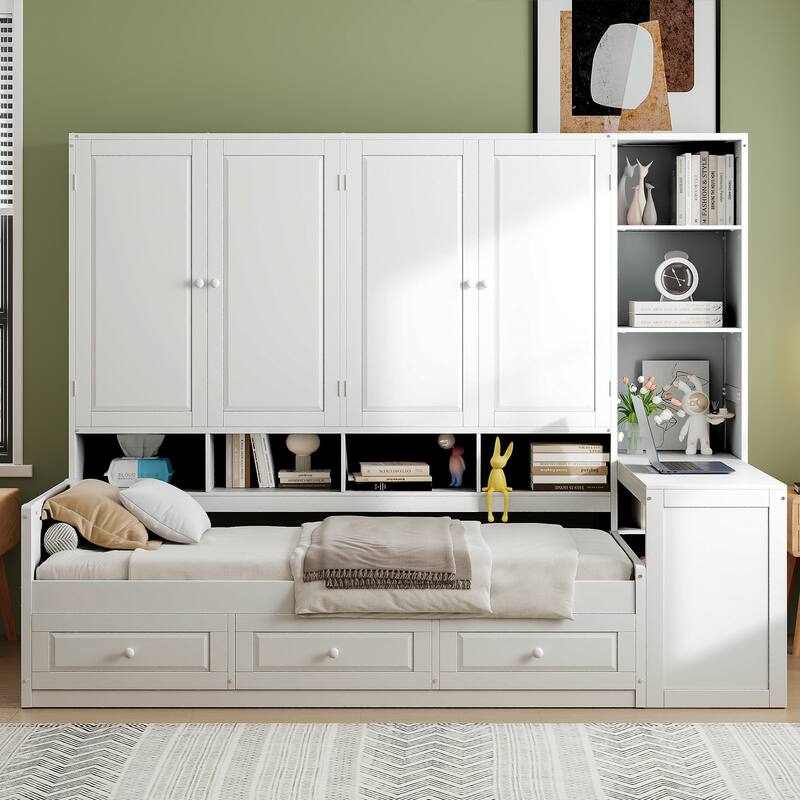 Modern Twin Daybed with All-in-One Cabinet, Desk Wooden Daybed Sofa Bed Frame with 3 Drawers, Multi-Functional Headboard