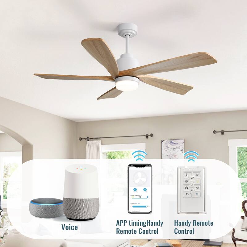 Sofucor 52 inch Solid Wood Flush Mount Ceiling Fan with Lights and Remote, Compatible with Alexa/Google/App, Quiet DC Motor