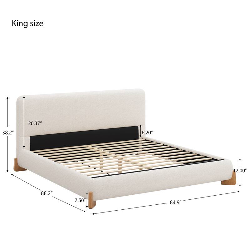Elegant White Boucle Upholstered Frame Platform Bed, Low Profile Grounded Bed with Solid Wood Feet, Wood Slats and Support Legs