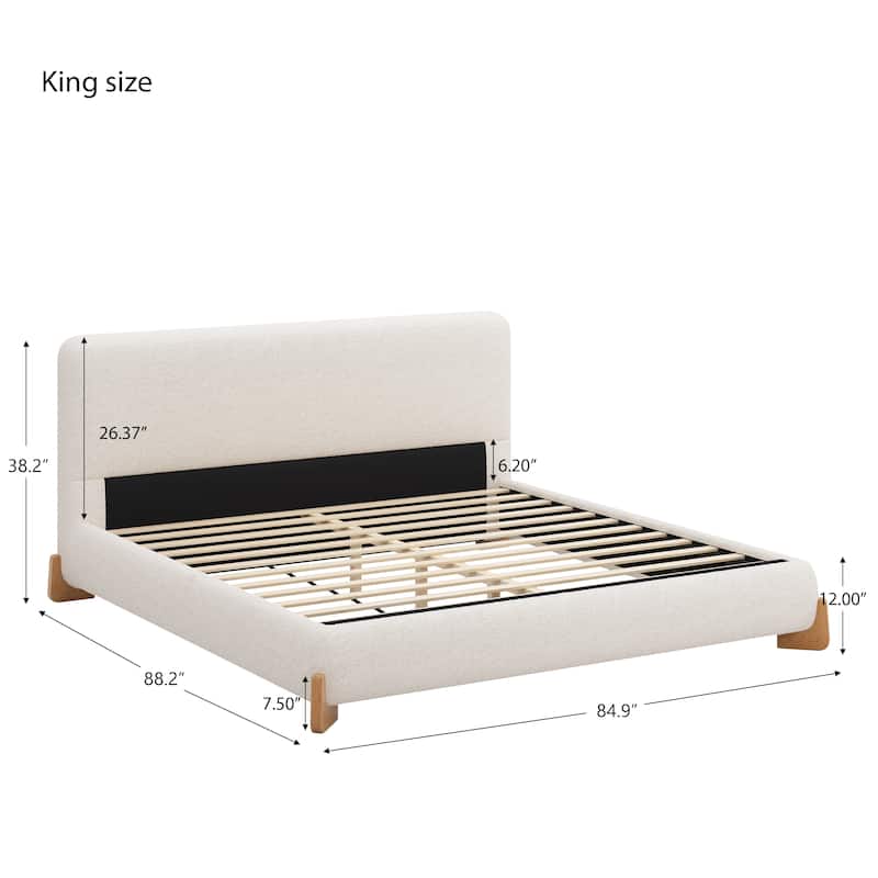 Wood Platform Bed Frame with Unique Bed Legs, 12 Wooden Slats and Arc Craft Headboard, Comfortable Sleep Boucle Upholstered Bed