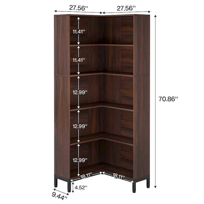 70.9 Ines Corner Bookcase, 6-Tiers L-Shaped Bookshelf Wood Display Shelf