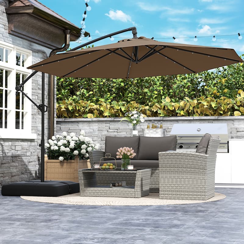 Large 10 Feet Patio Offset Umbrella with Stable Crossed Base and Solar LED Lights for Outdoor