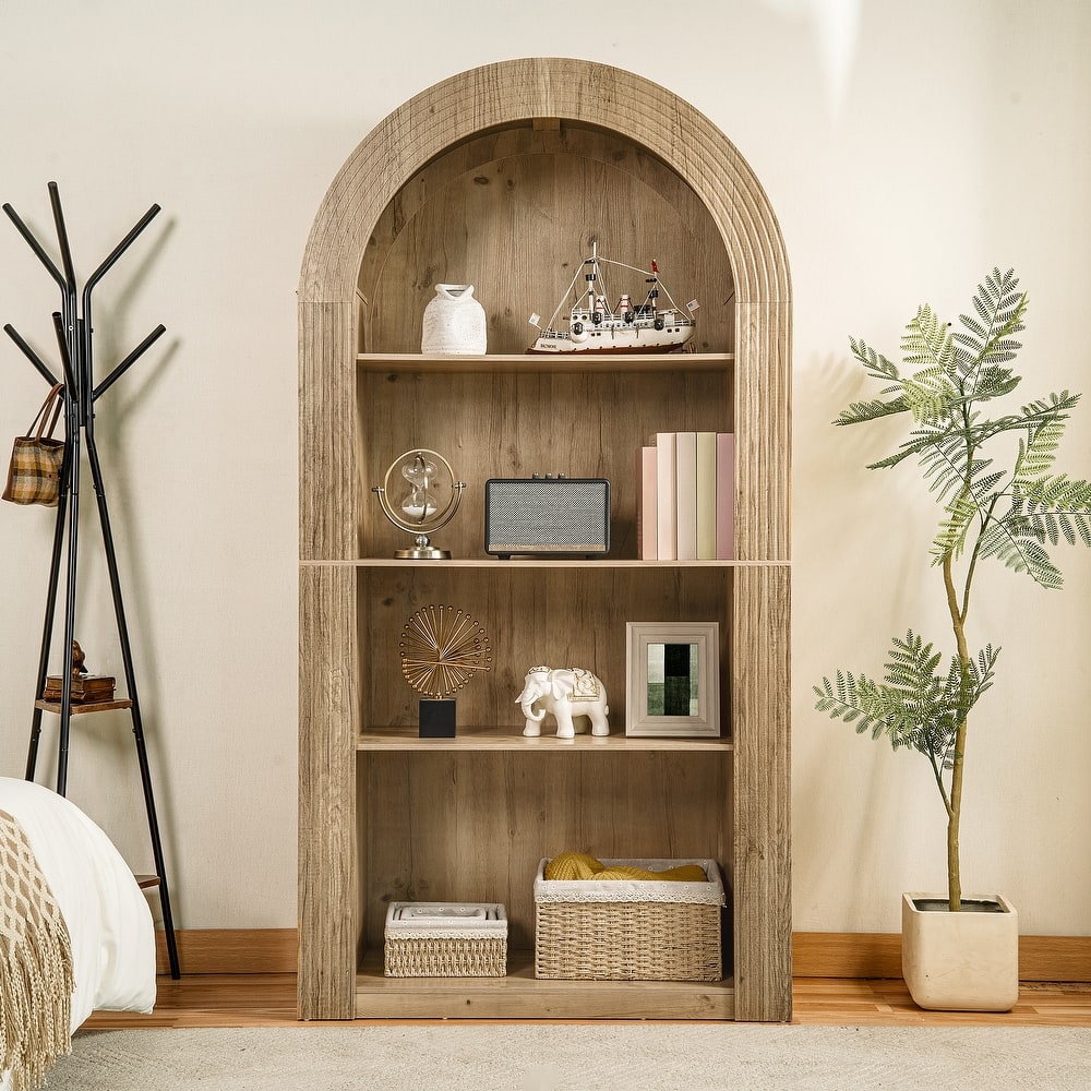 78.74" Mid-Century Modern 4-Tier Tall Arched Storage Bookcase with Open Display Shelf.