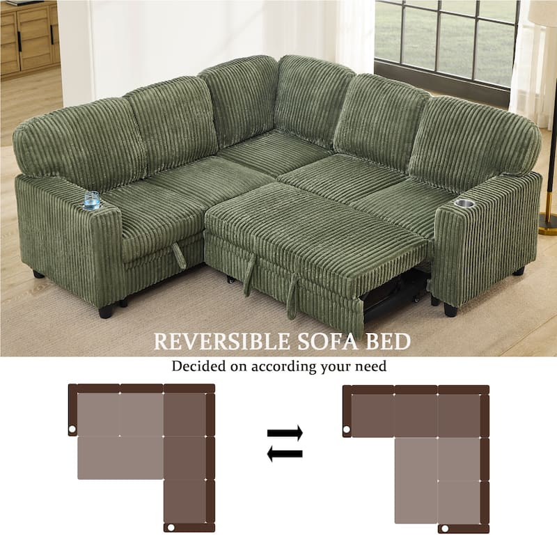 Corduroy Modular Sectional Sleeper Sofa with Pull-Out Bed & Storage, 2-in-1 Convertible Upholstered Sofa Bed with USB Port