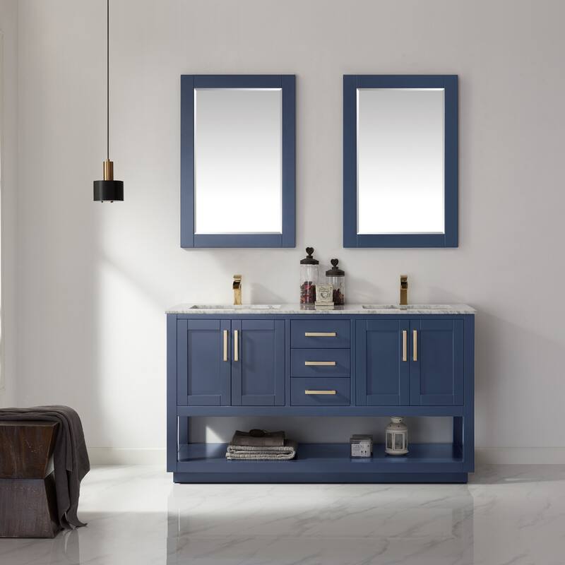 Altair Remi Double Bathroom Vanity Set and Carrara White Countertop with Mirror