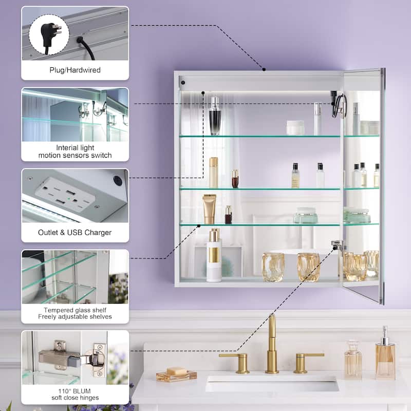 Recessed or Surface 30" H LED Mirror Cabinet with Adjustable Glass Shelves,Defogger, Dimmer And Outlets & USB Ports