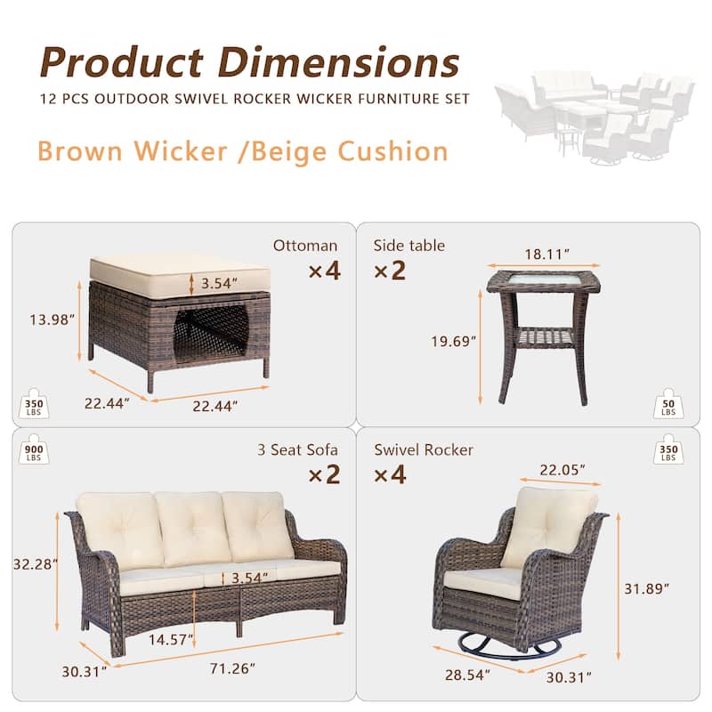 12 Piece Patio Furniture Set Outdoor Wicker Chair Sofa Ottoman Cushion