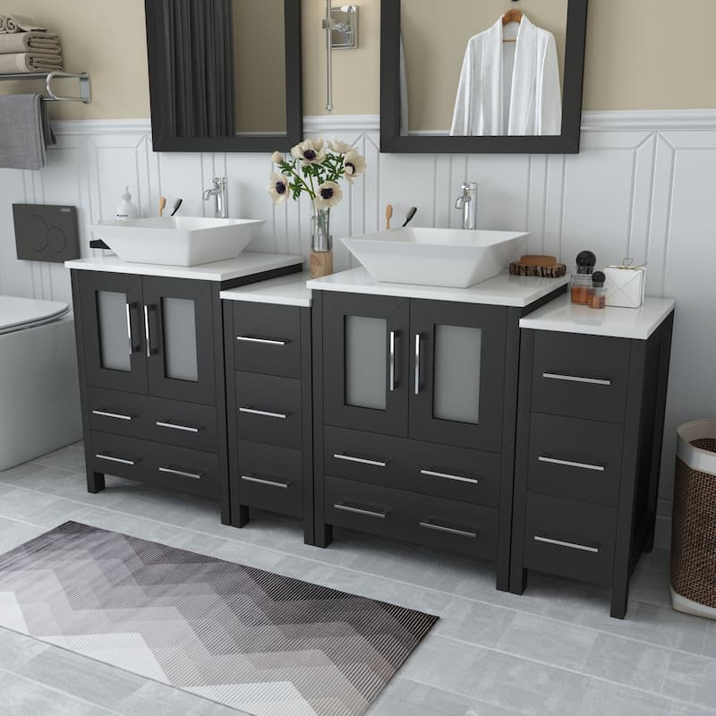 Vanity Art 72" Double Sink Bathroom Vanity Set with Engineered Marble Top and Free Mirror - 72 W X 18.5 D X 31.1 H