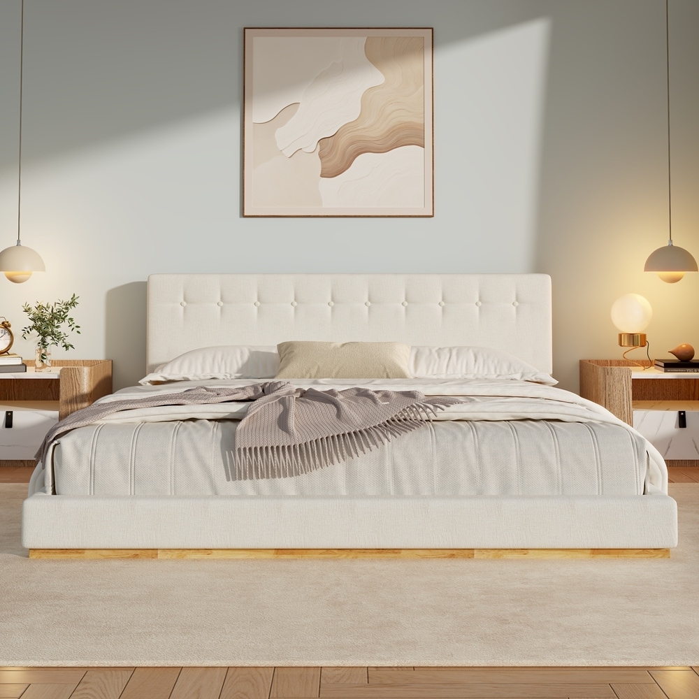 Solid Rubber Wood Platform Bed with Upholstered Headboard, Modern Tufted Design, Sturdy Slat Support