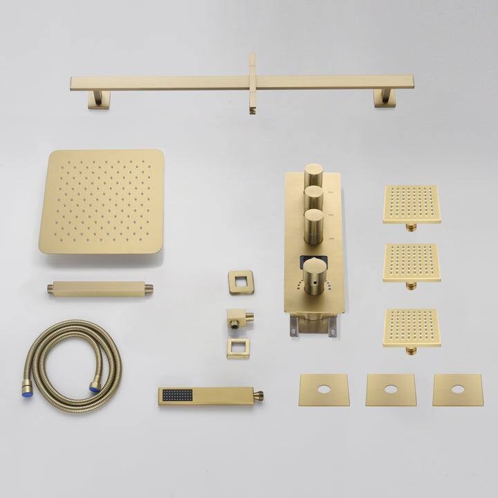 brushed gold ceiling mount 12 inch rain 3 way digital display thermostatic shower faucet - 7'6" x 10'9"