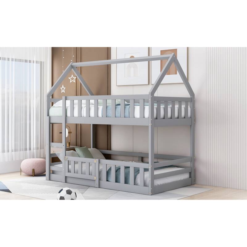Twin House Bunk Bed for Kids with Door, Fence Guardrails, and Roof Design, Pine Wood