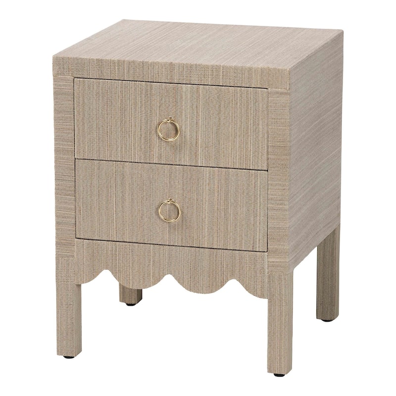 Juniper Grasscloth Nightstand with Scalloped Base - Woven Texture 2-Drawer Bedside Table with Gold Ring Pulls - Beige/Gold