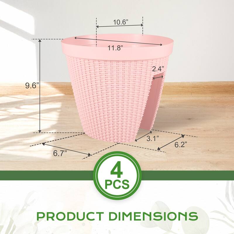 Aoodor 12'' Balcony Rattan Pattern Railing Planter Box with Drainage Holes and Adjustable Brackets-Set of 4 - 12''×11''